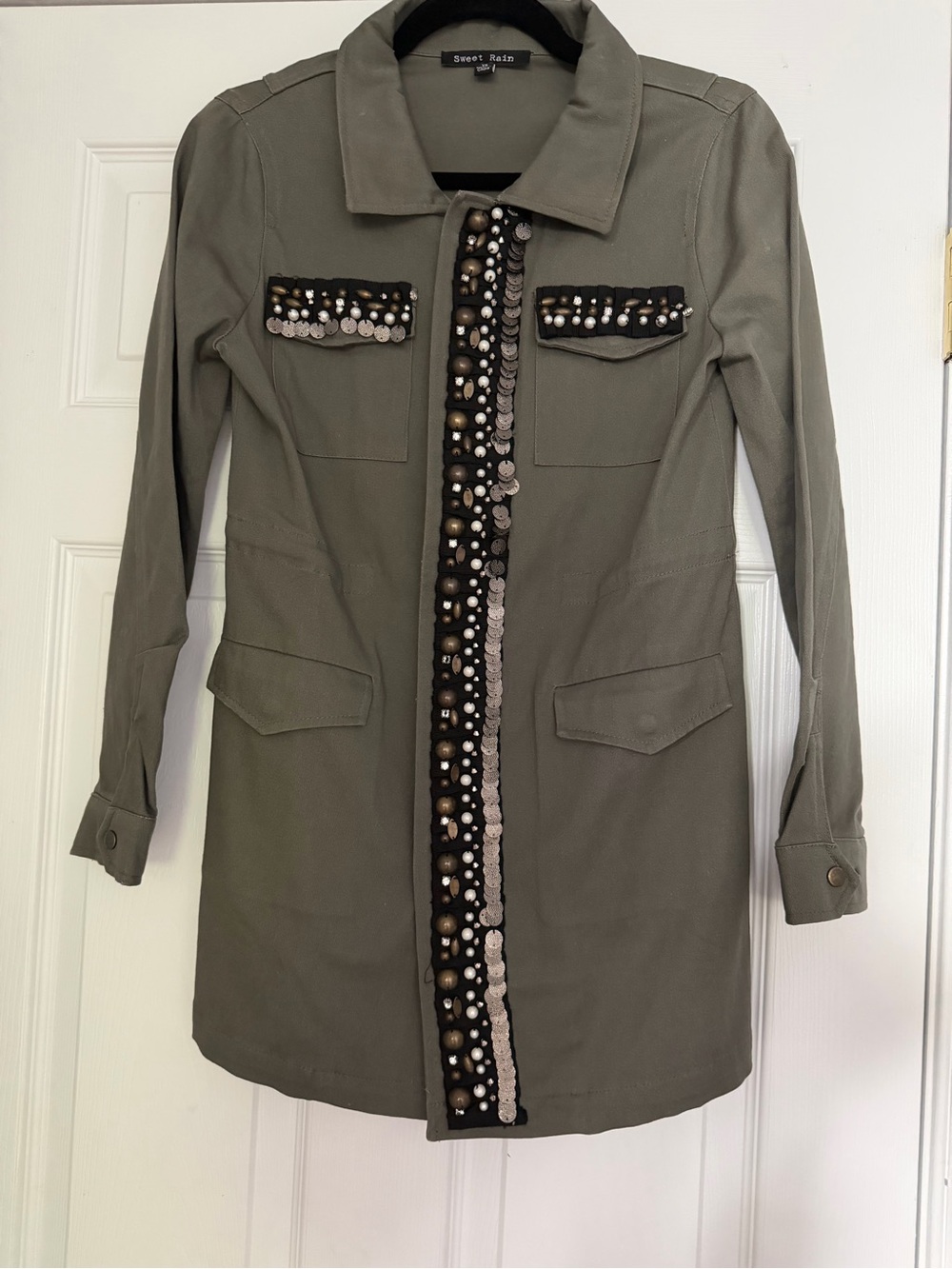 Sweet Rain XS Olive Green Embellished Military Utility Jacket Pearl Beaded Glam